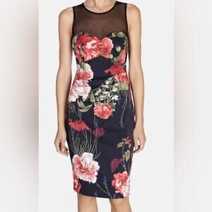 Karen Millen Vintage Floral Satin Mesh Cocktail Summer Wiggle Dress Size 4